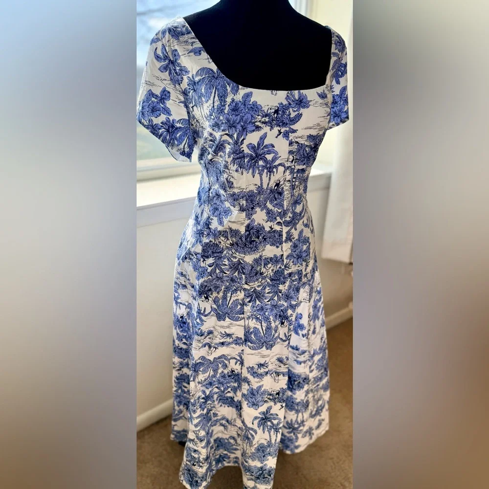 Joie Blue and White Toile print preppy midi dress Cottagecore zip back XL EUC - Picture 4 of 17